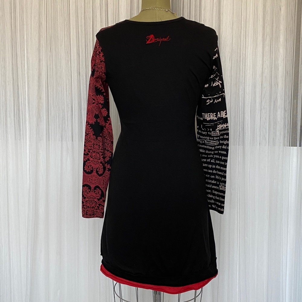 Desigual Black and Red Artistic Long Sleeve Dress Fit & Flare Midi V-Neck Med - Picture 3 of 17